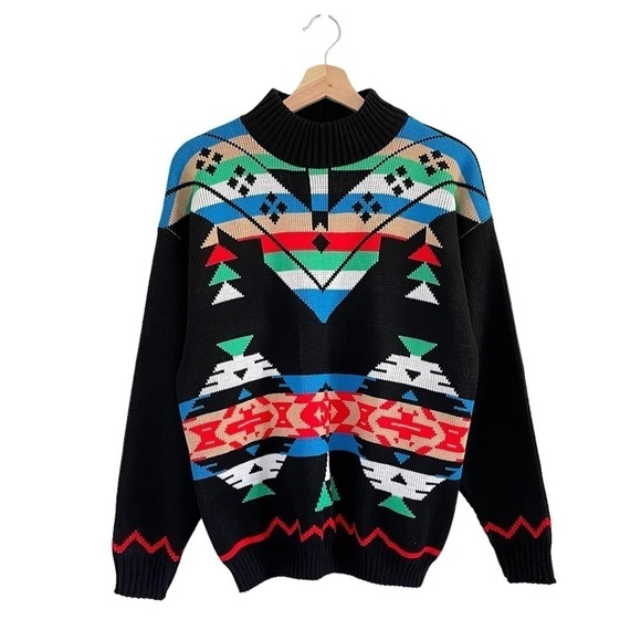 Vintage 90s Mock Neck Patterned Knit Pullover Sweater Black Multicolor Medium - Picture 1 of 11